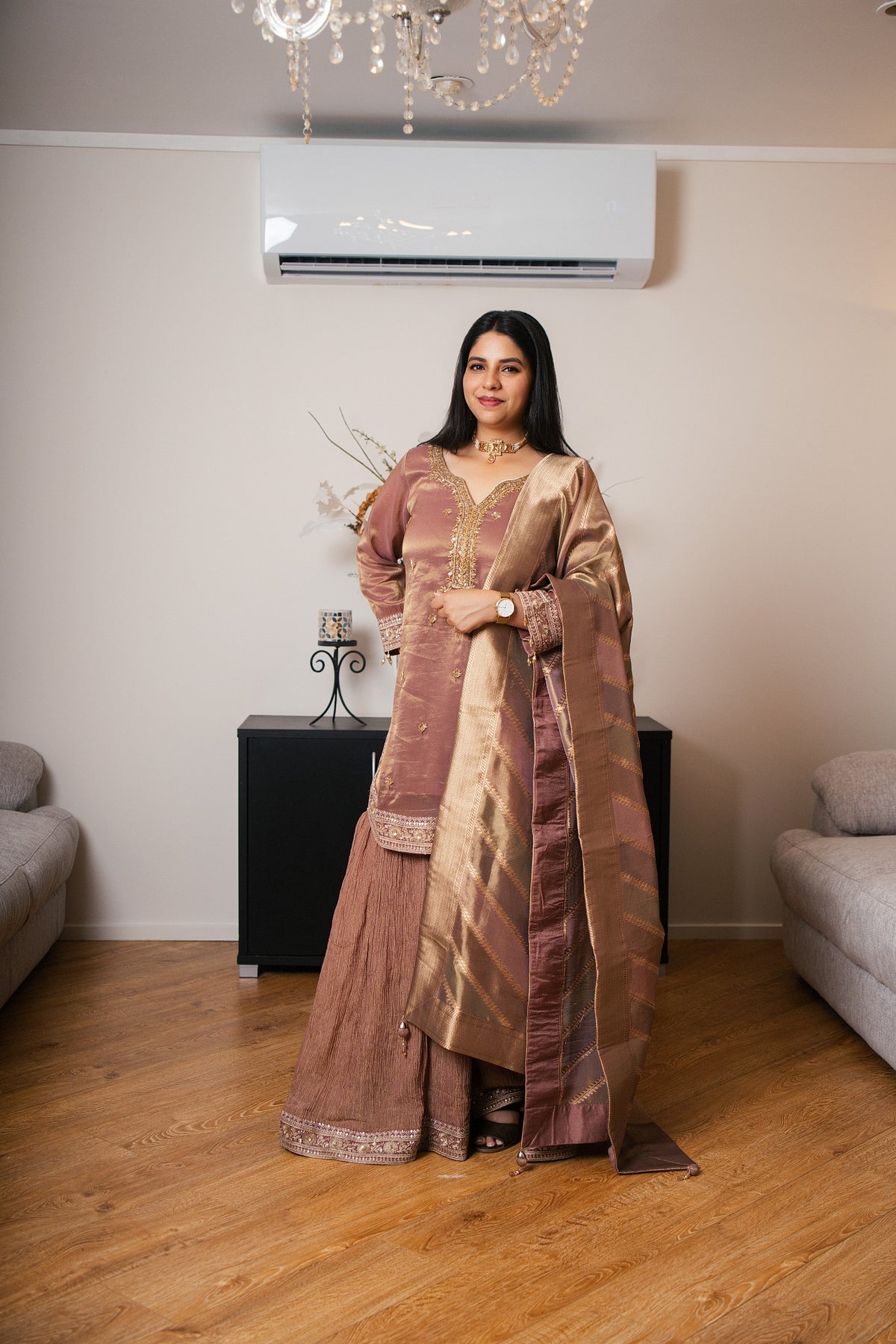 Tissue Crinkle Gharara Set with Hand Dabka Work (Mauve)