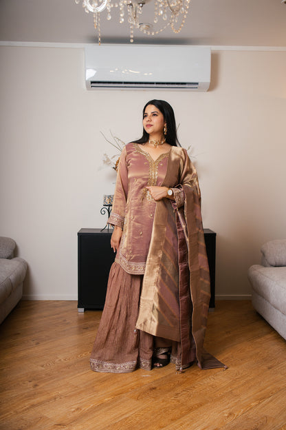 Tissue Crinkle Gharara Set with Hand Dabka Work (Mauve)