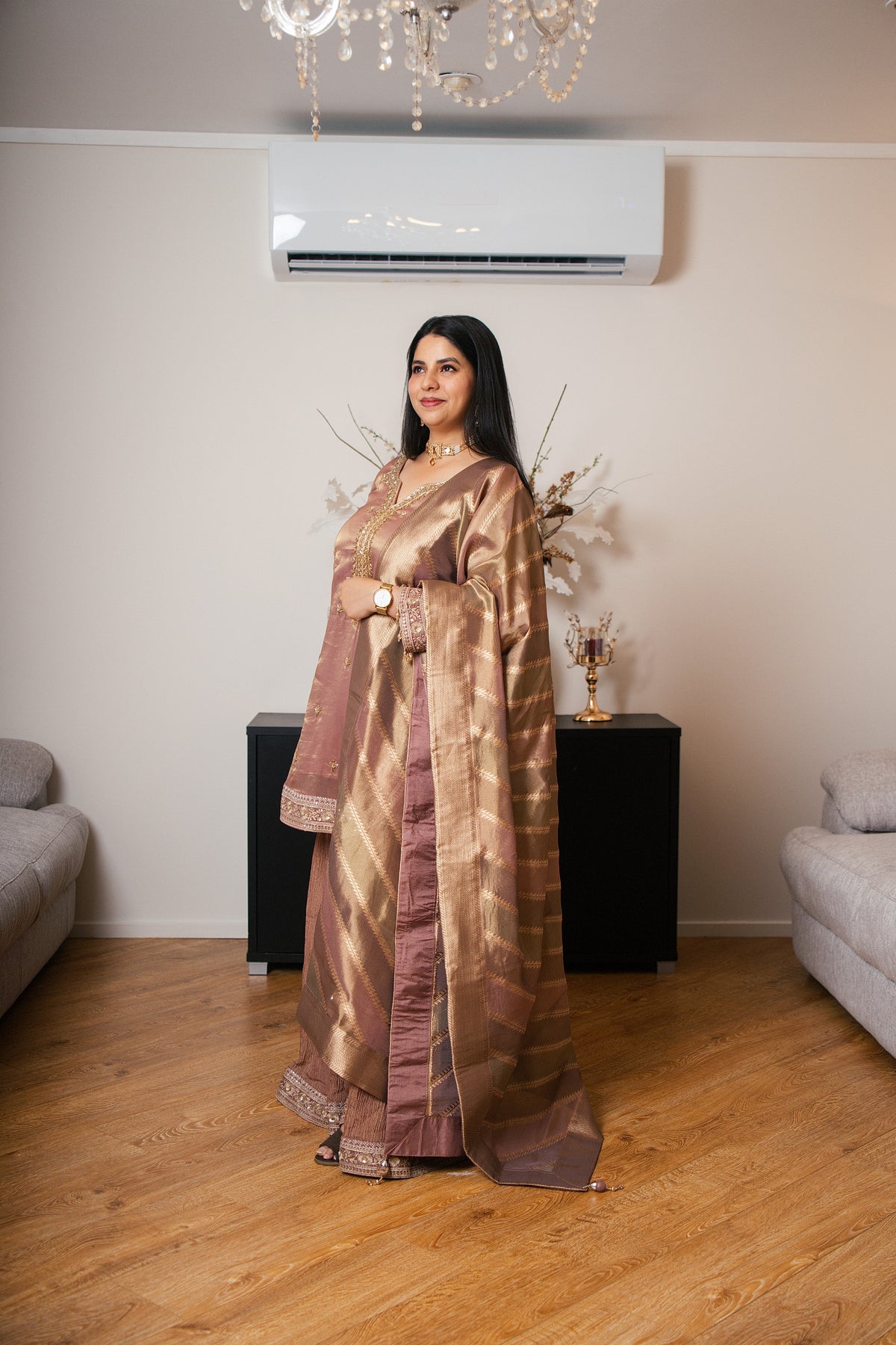 Tissue Crinkle Gharara Set with Hand Dabka Work (Mauve)