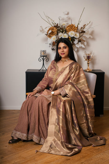 Tissue Crinkle Gharara Set with Hand Dabka Work (Mauve)