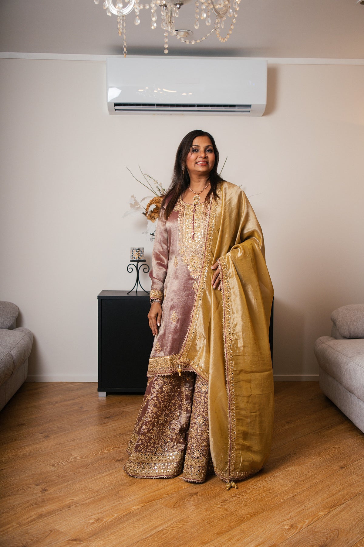 Tissue Organza Gharara Set with Ari & Mirror Work (Mauve)