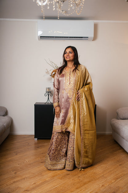 Tissue Organza Gharara Set with Ari & Mirror Work (Mauve)