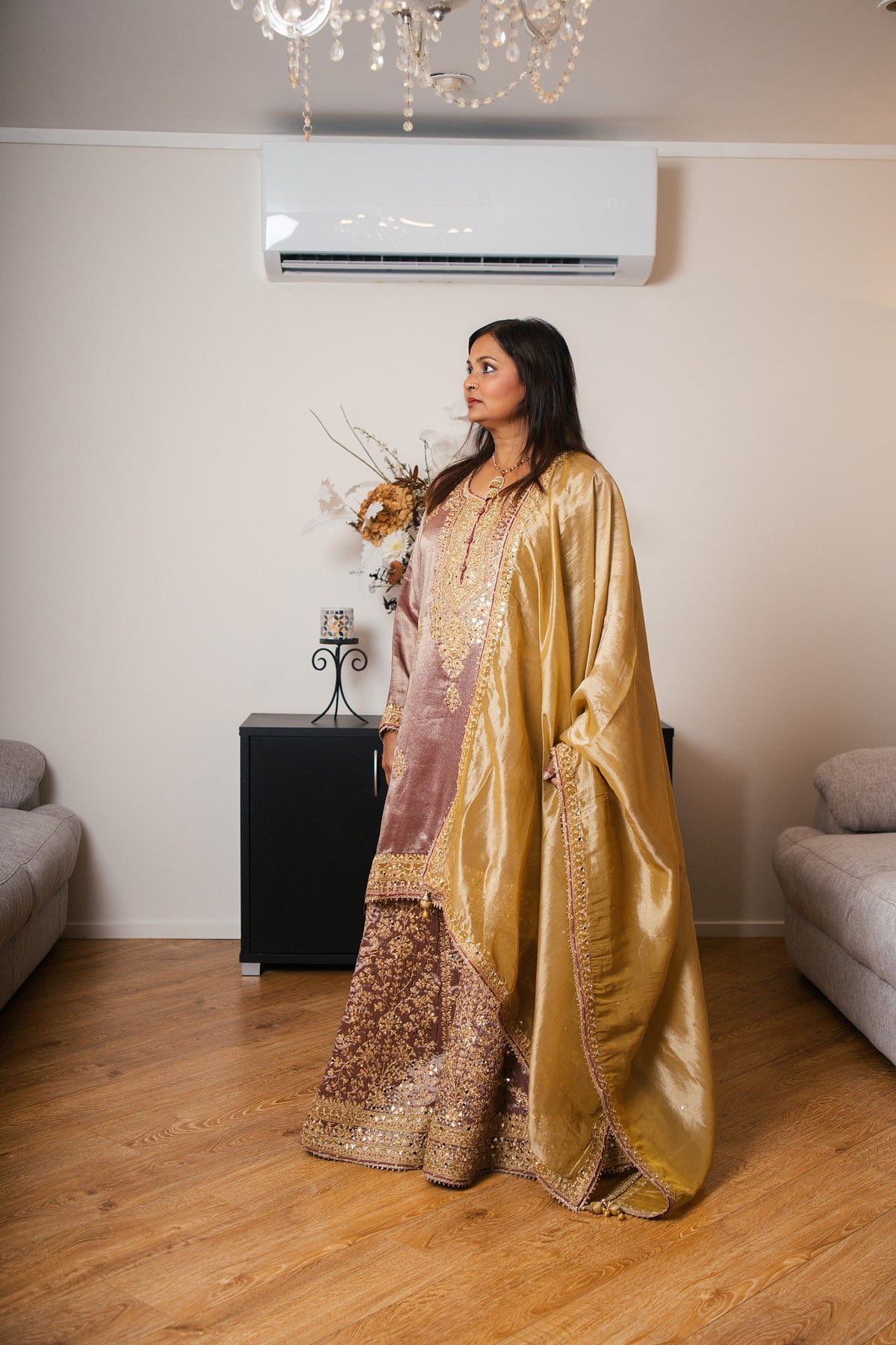 Tissue Organza Gharara Set with Ari & Mirror Work (Mauve)