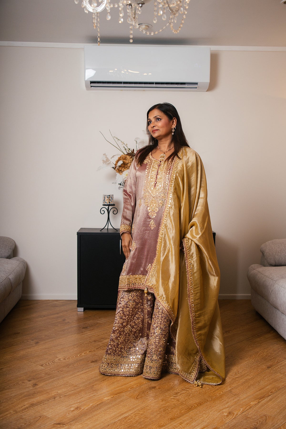 Tissue Organza Gharara Set with Ari & Mirror Work (Mauve)
