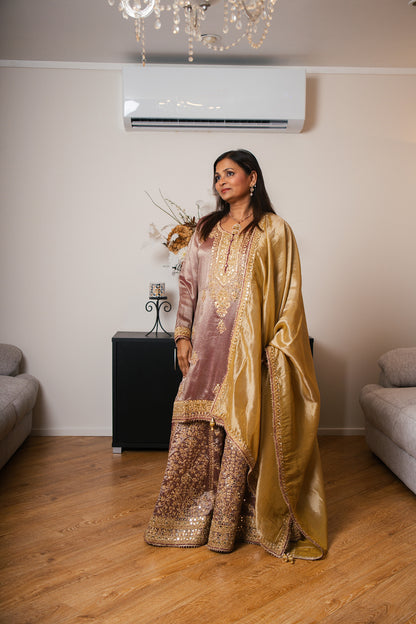 Tissue Organza Gharara Set with Ari & Mirror Work (Mauve)