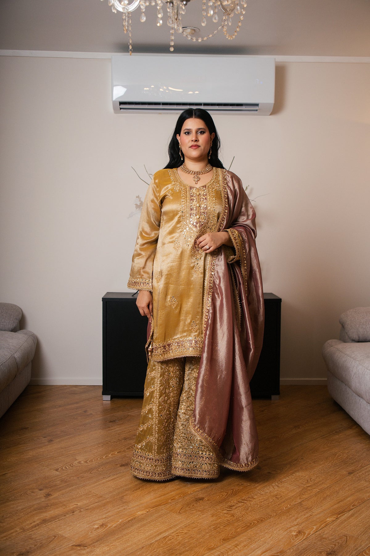 Tissue Organza Gharara Set with Ari & Mirror Work (Yellow)
