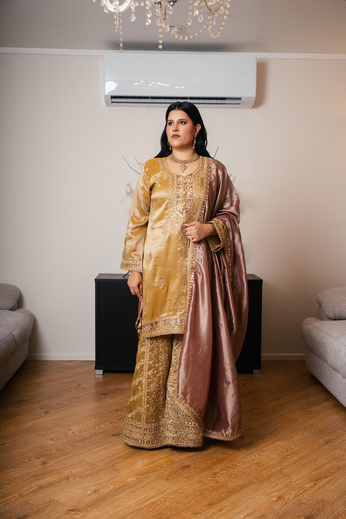 Tissue Organza Gharara Set with Ari & Mirror Work (Yellow)