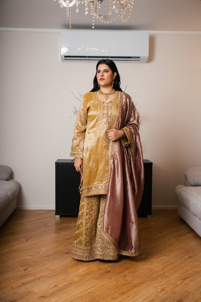 Tissue Organza Gharara Set with Ari & Mirror Work (Yellow)