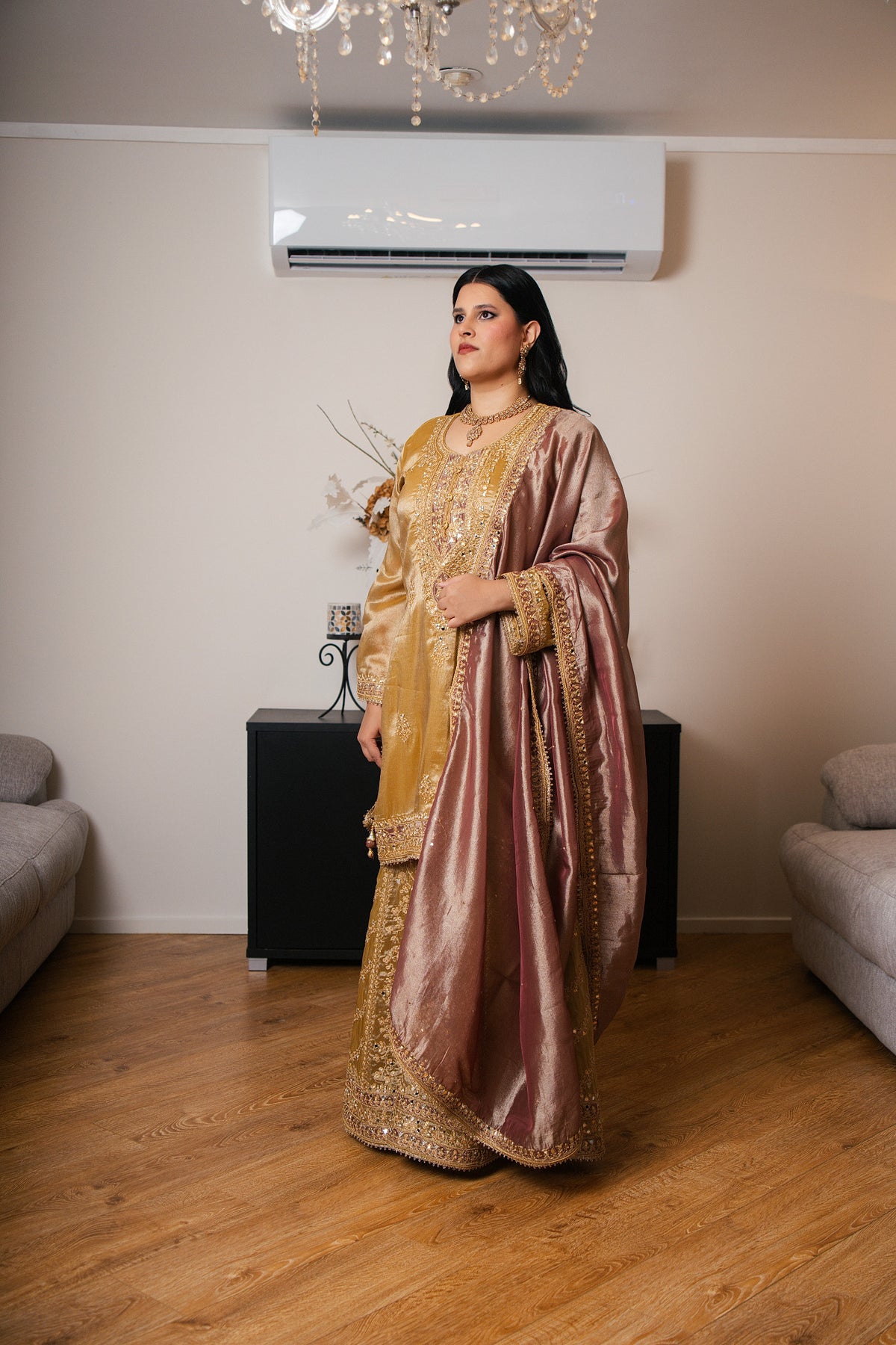 Tissue Organza Gharara Set with Ari & Mirror Work (Yellow)