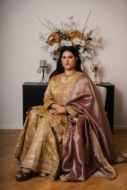 Tissue Organza Gharara Set with Ari & Mirror Work (Yellow)