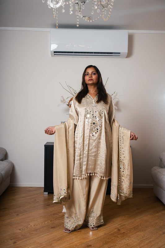 Beige Satin Kurta Set with Mirror Work & Pompom Trim