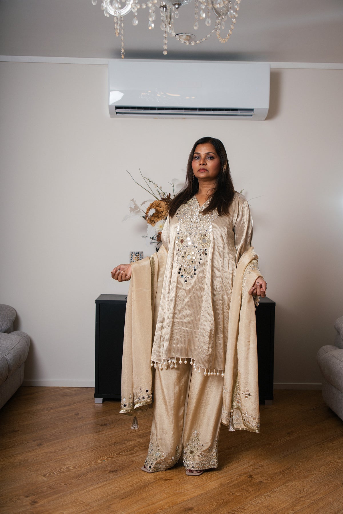 Beige Satin Kurta Set with Mirror Work & Pompom Trim