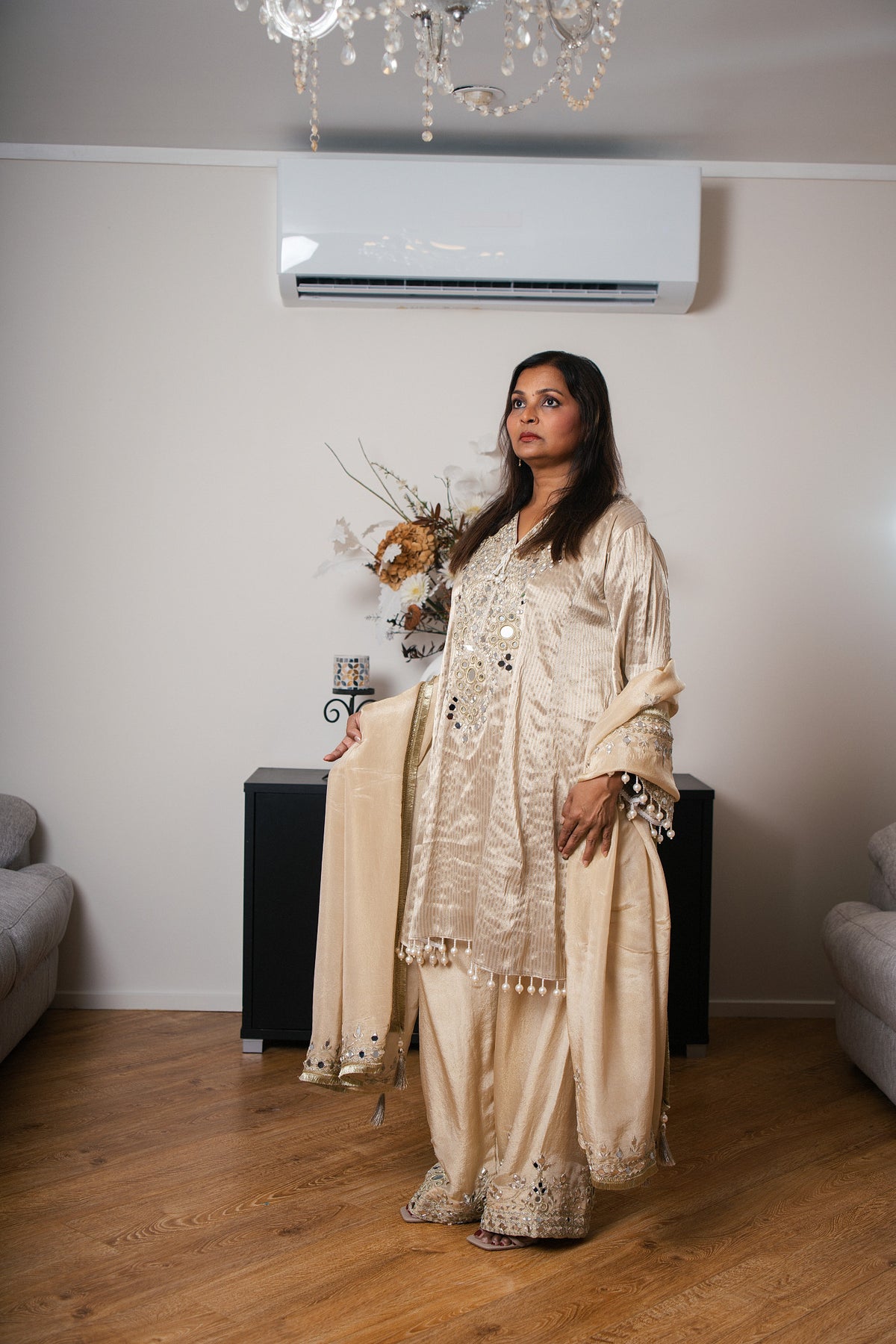 Beige Satin Kurta Set with Mirror Work & Pompom Trim