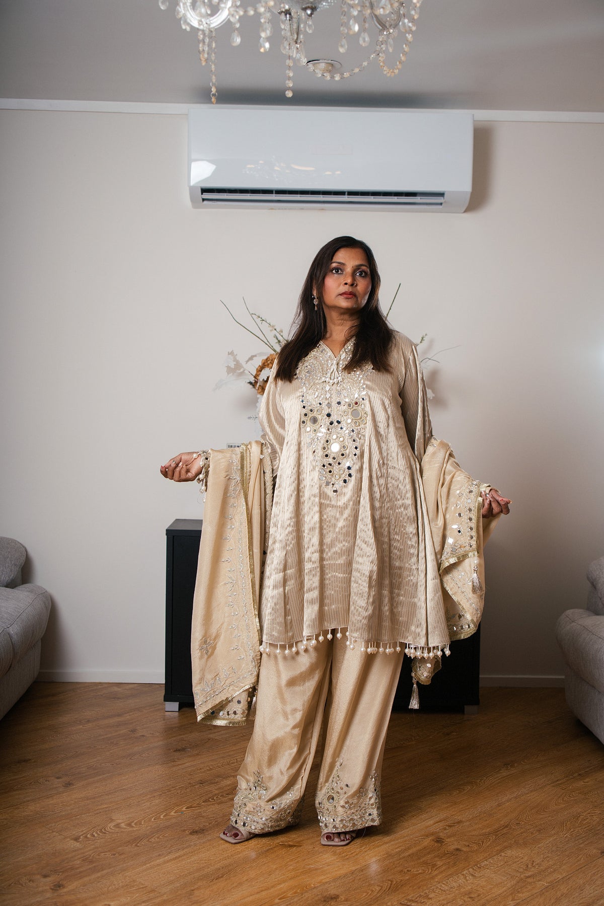 Beige Satin Kurta Set with Mirror Work & Pompom Trim