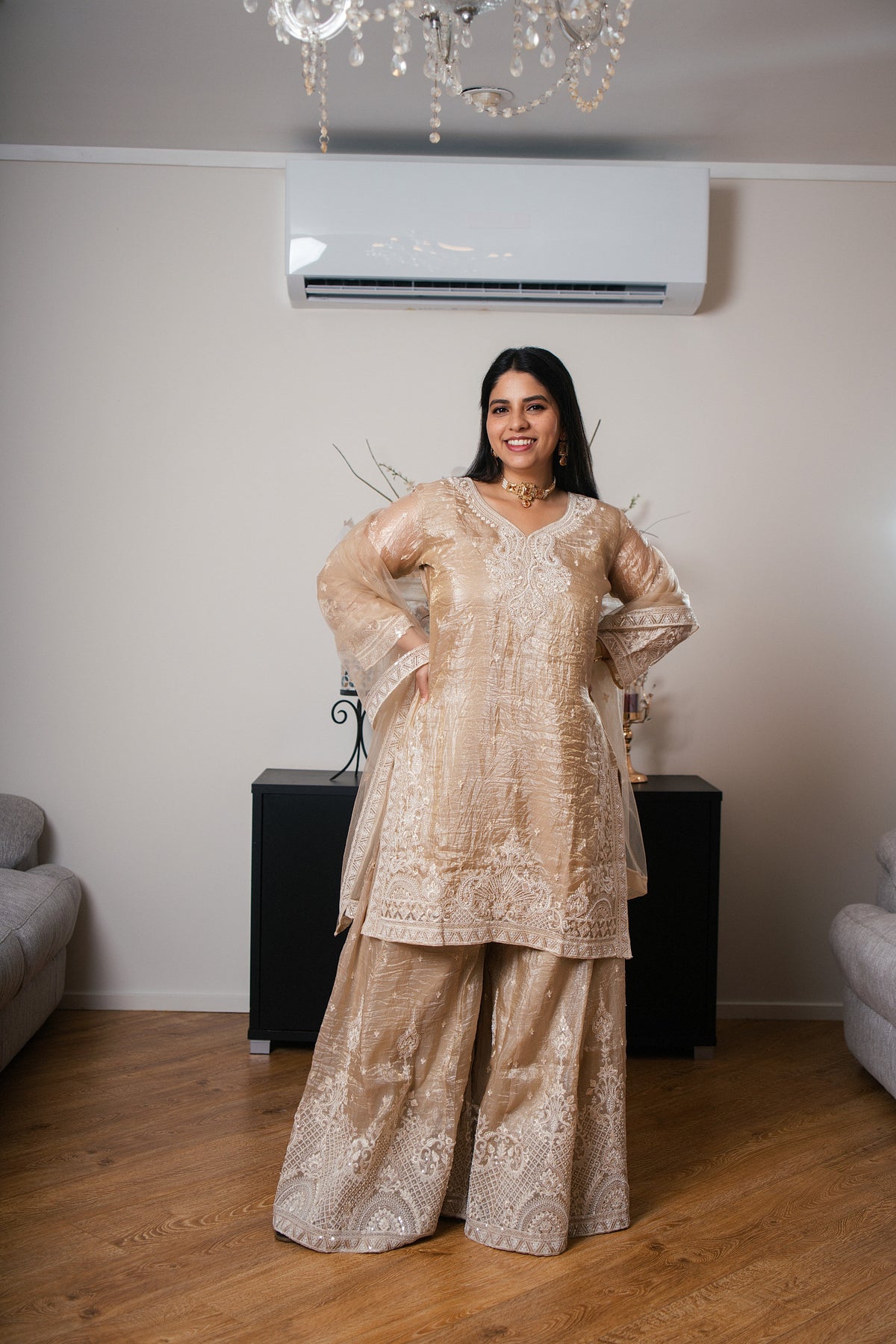 Shimmer Tissue Sharara Set with Heavy Thread Work