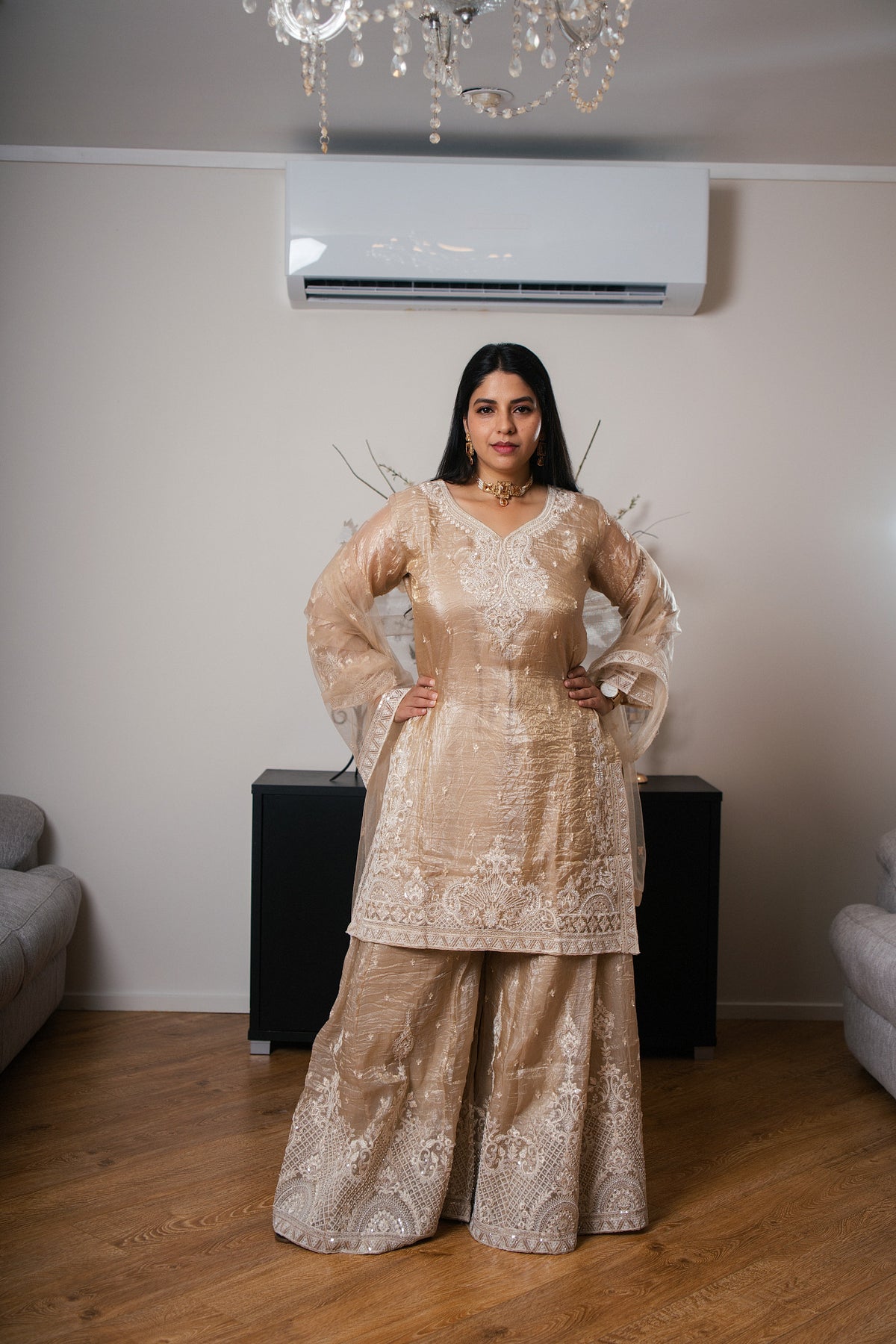 Shimmer Tissue Sharara Set with Heavy Thread Work