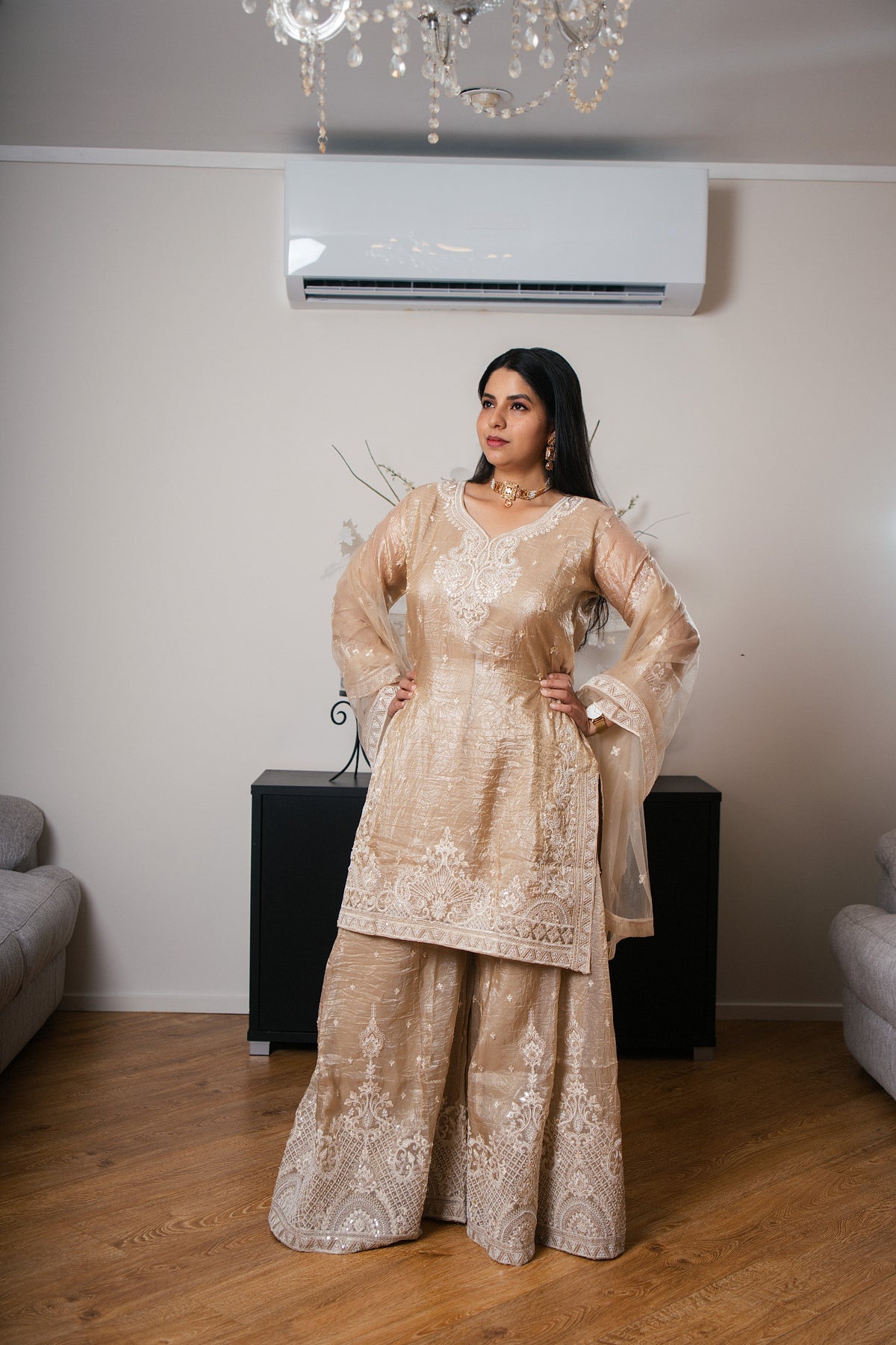 Shimmer Tissue Sharara Set with Heavy Thread Work