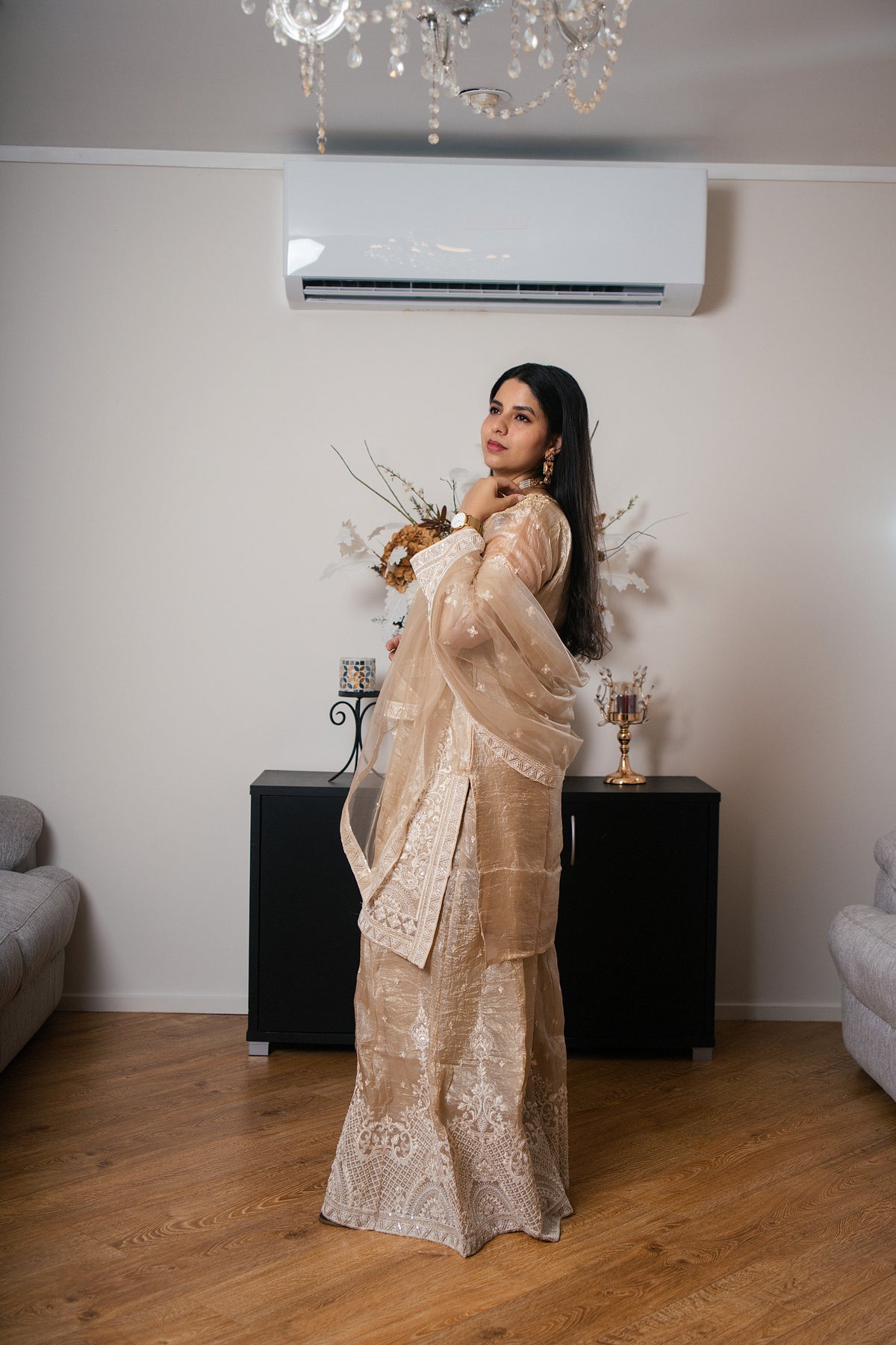 Shimmer Tissue Sharara Set with Heavy Thread Work
