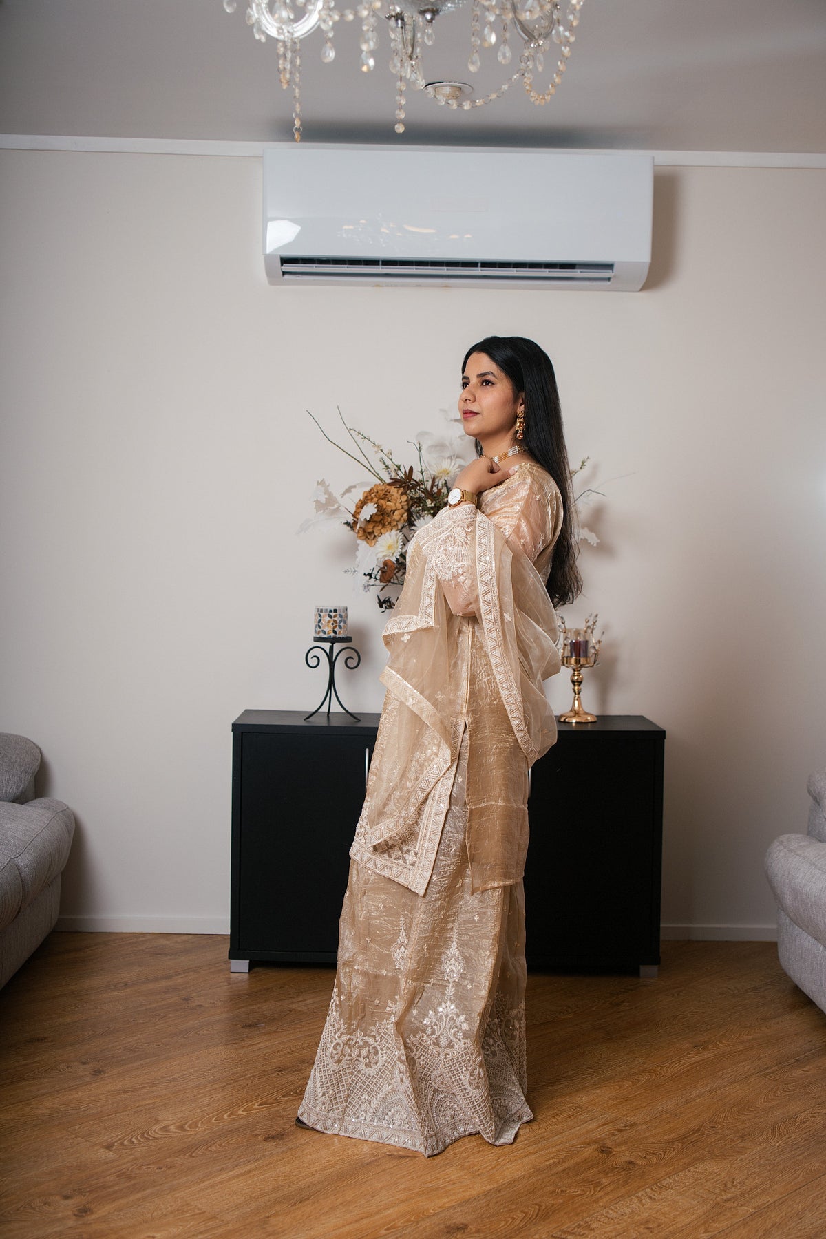 Shimmer Tissue Sharara Set with Heavy Thread Work