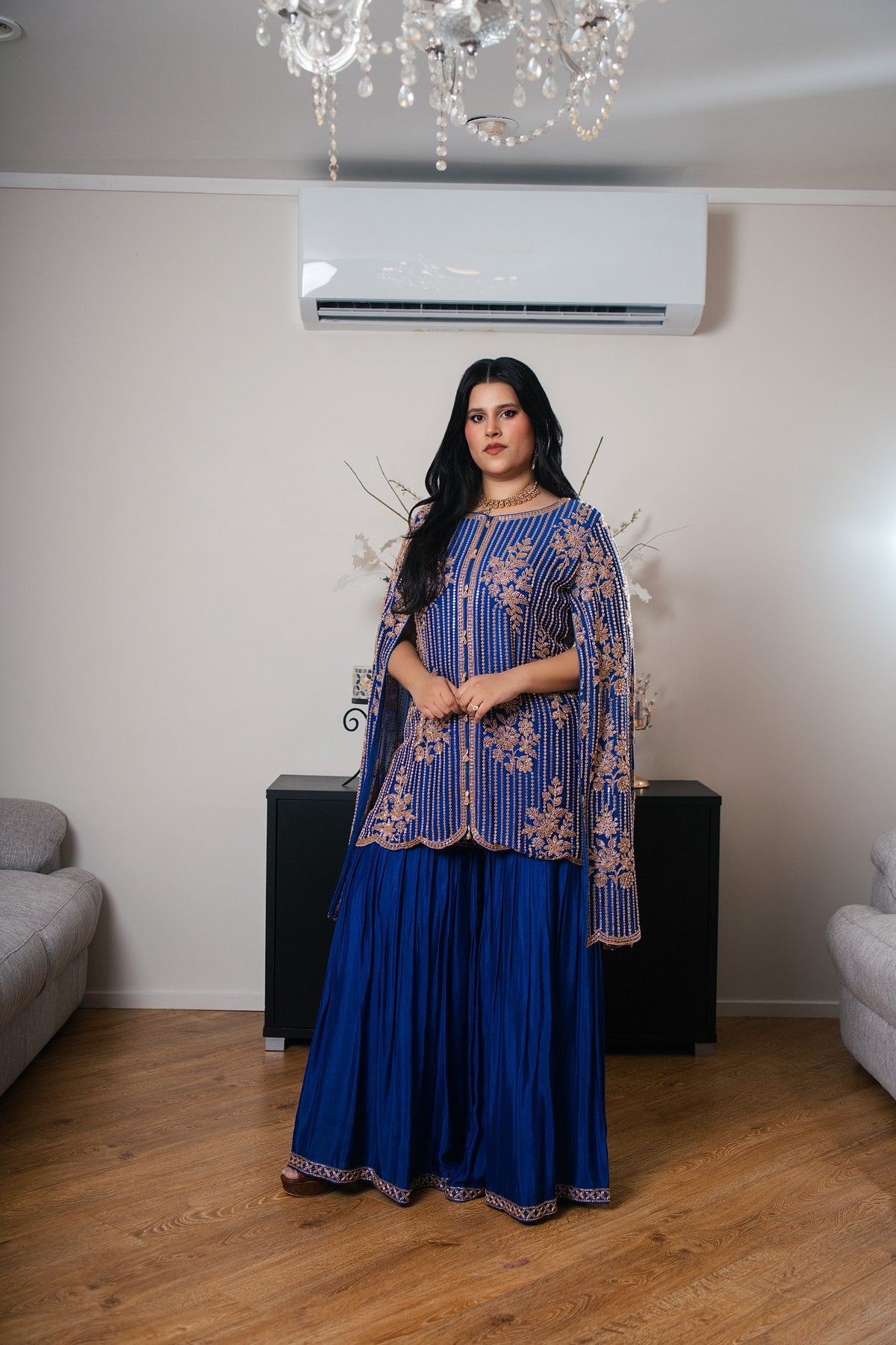 Crepe Georgette Suit with Gharara Sleeves & Hand Embroidery