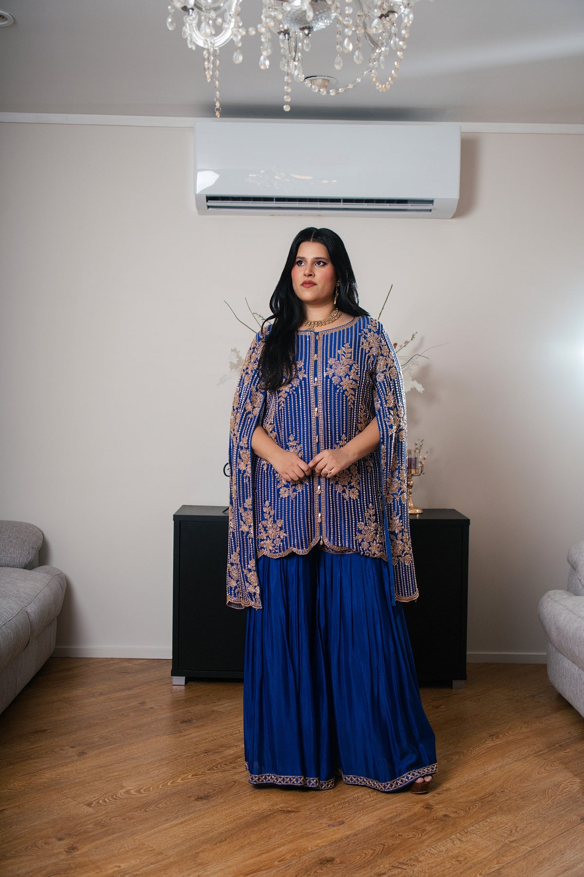 Crepe Georgette Suit with Gharara Sleeves & Hand Embroidery