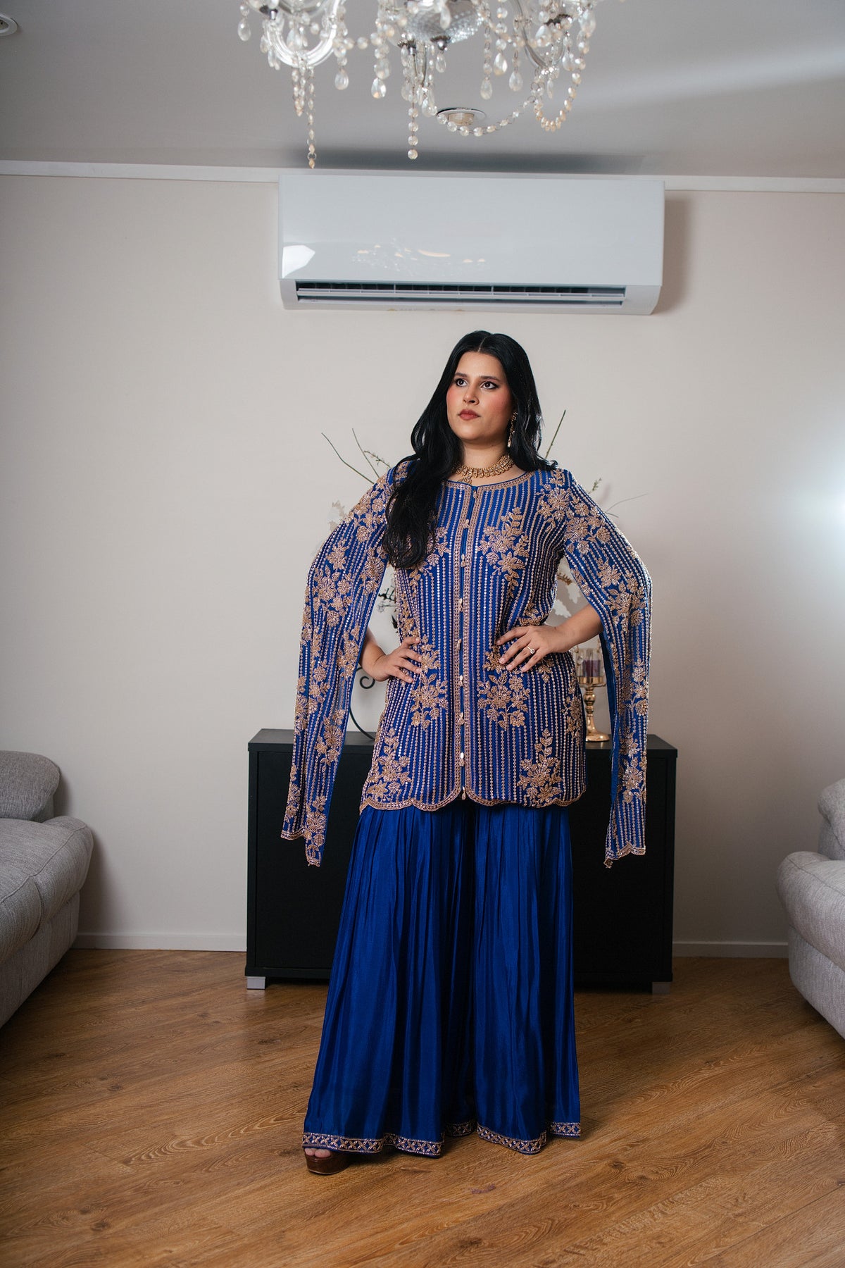 Crepe Georgette Suit with Gharara Sleeves & Hand Embroidery