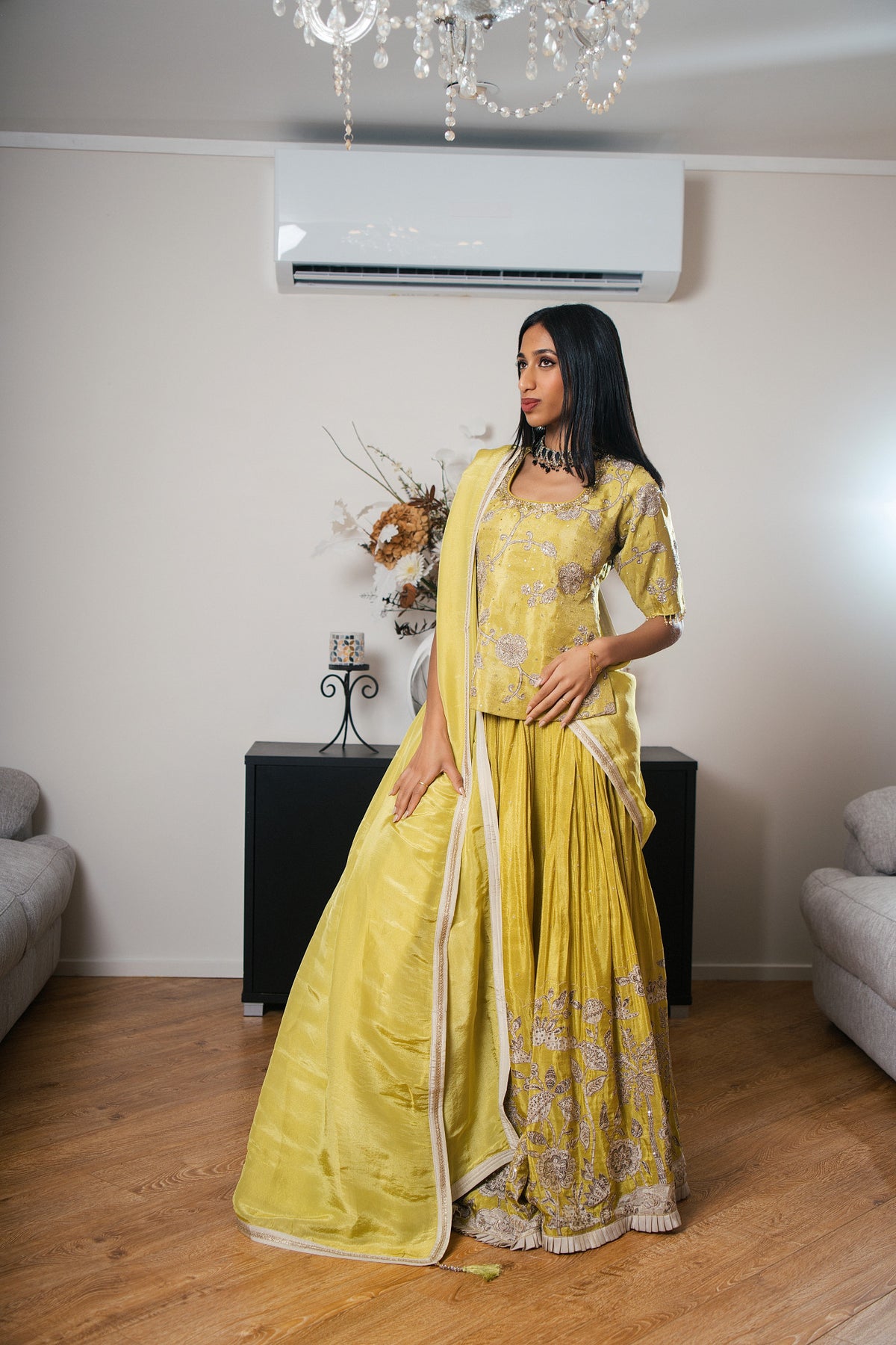 Crepe Chinon Lehenga with Printed Hand Work