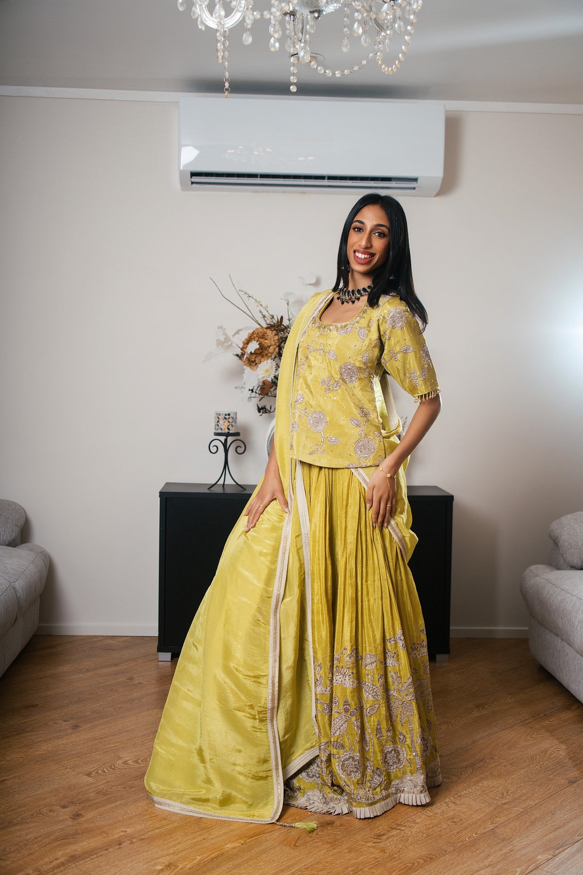 Crepe Chinon Lehenga with Printed Hand Work