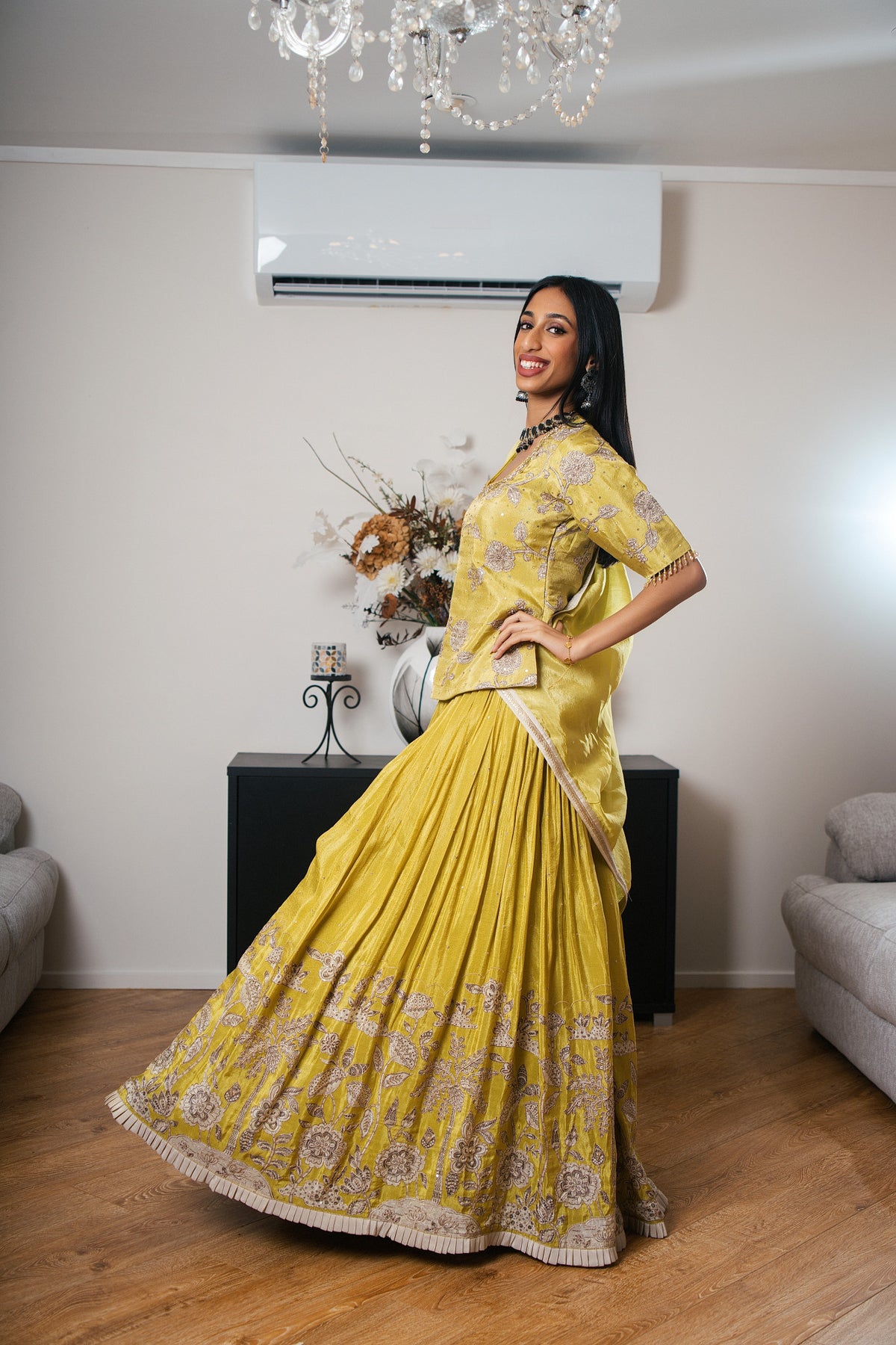 Crepe Chinon Lehenga with Printed Hand Work