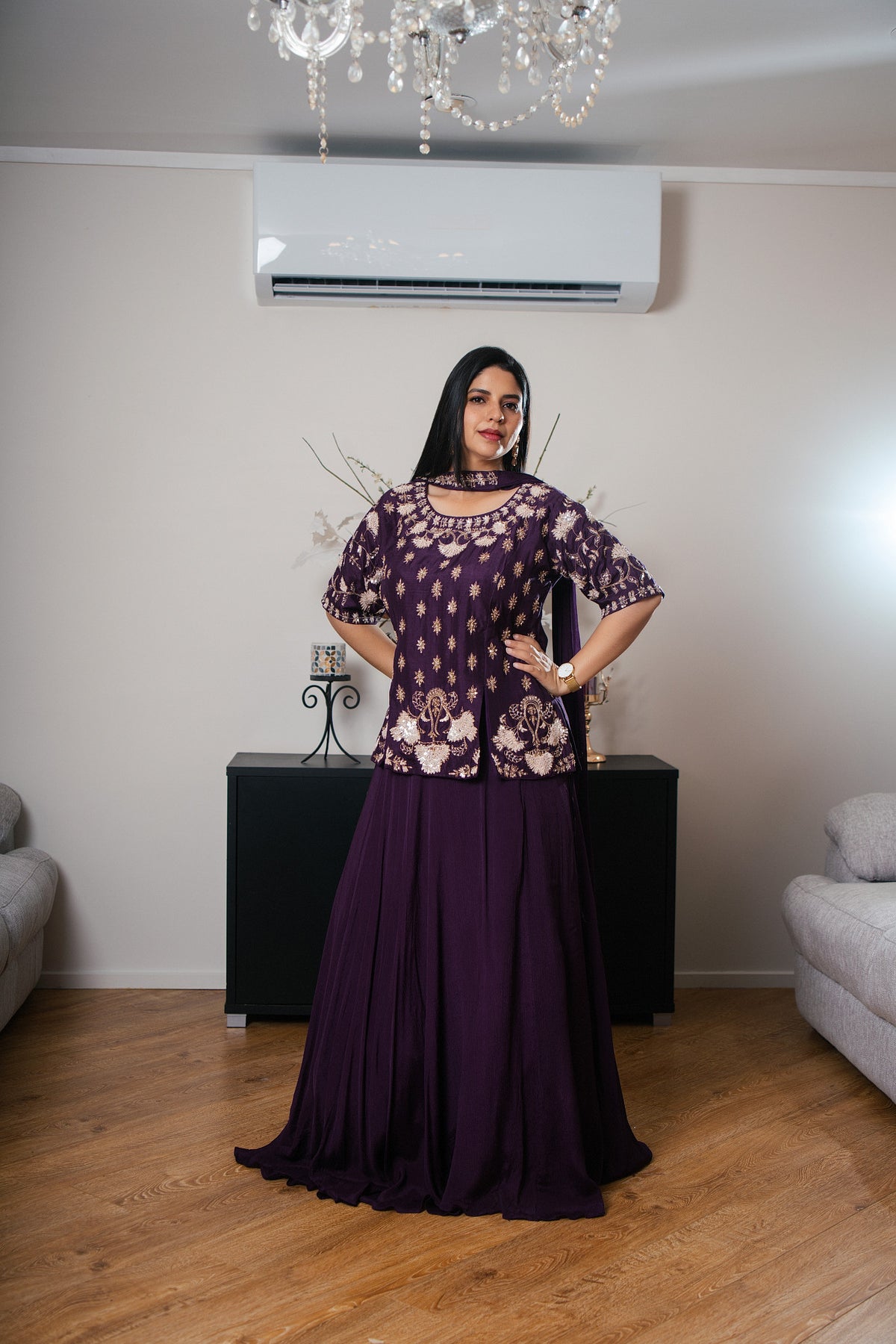 Dark Purple Lehenga with Necklace Scarf Detail