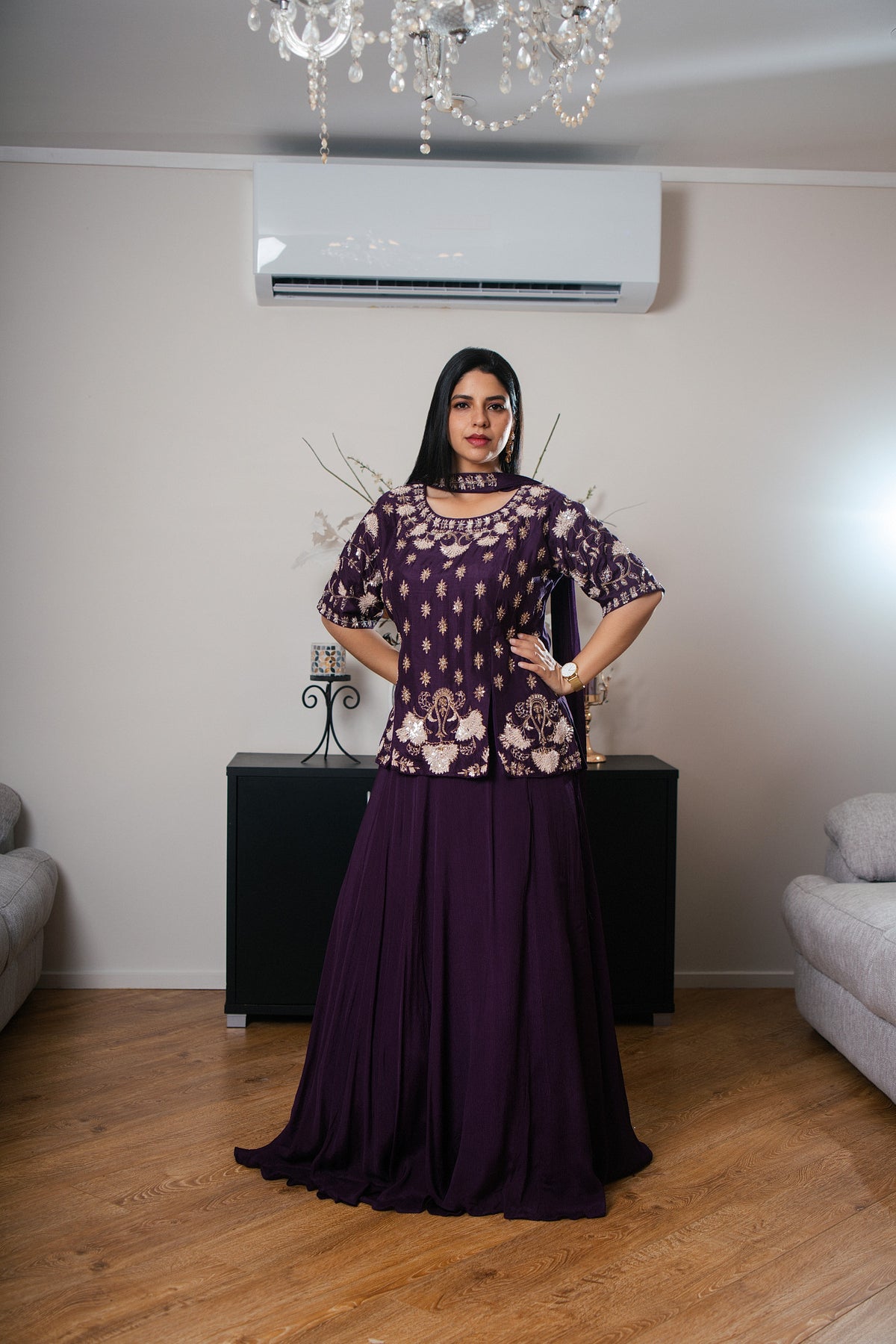 Dark Purple Lehenga with Necklace Scarf Detail
