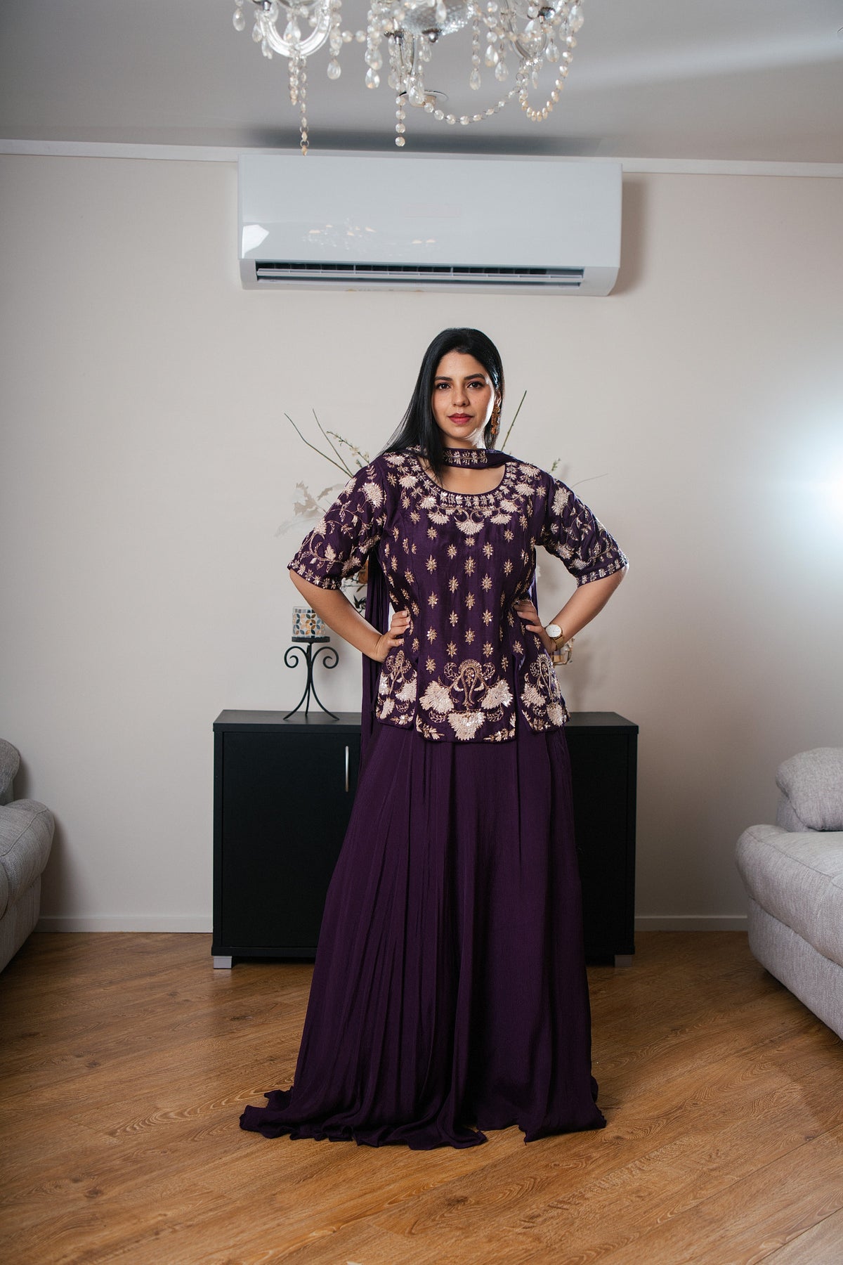 Dark Purple Lehenga with Necklace Scarf Detail