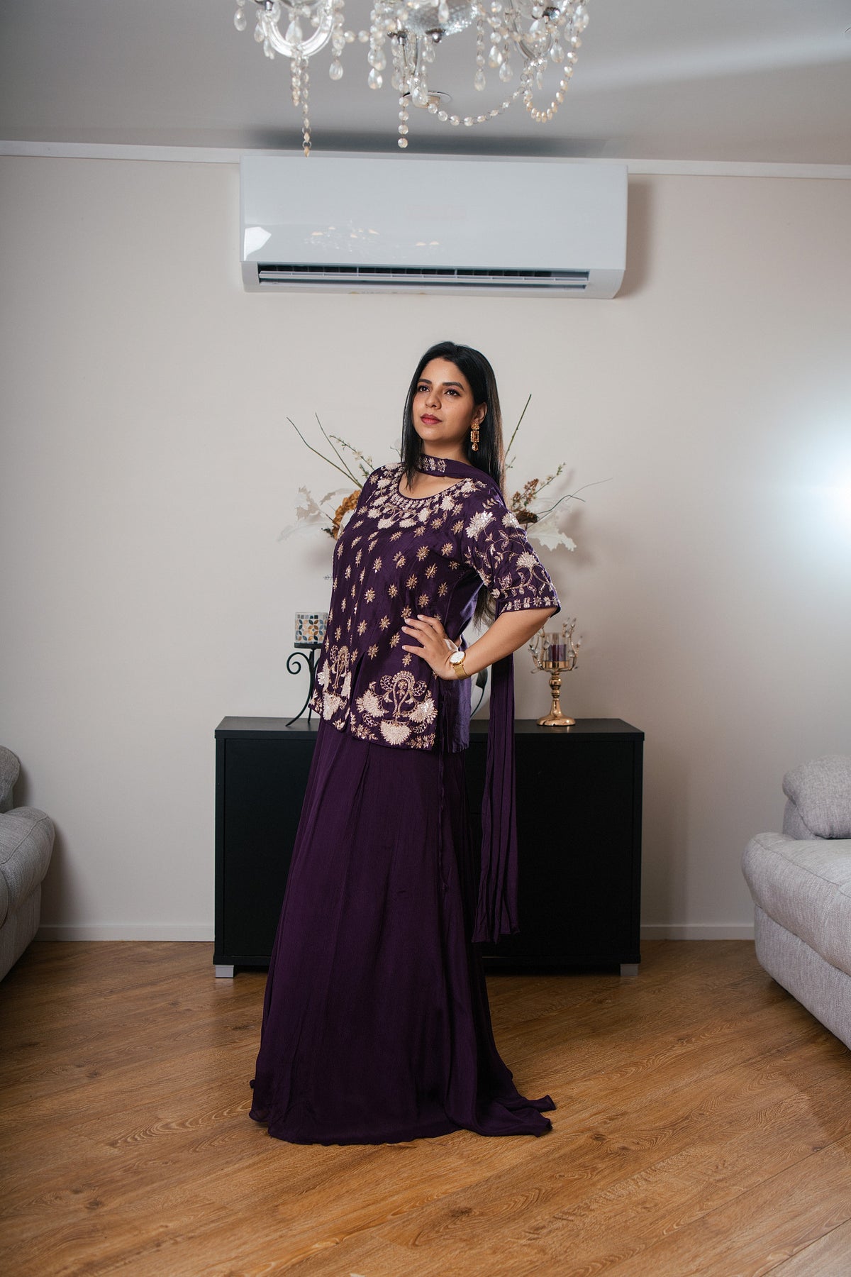Dark Purple Lehenga with Necklace Scarf Detail