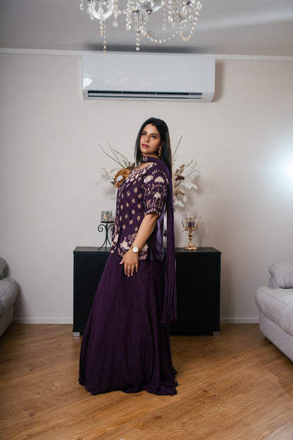 Dark Purple Lehenga with Necklace Scarf Detail