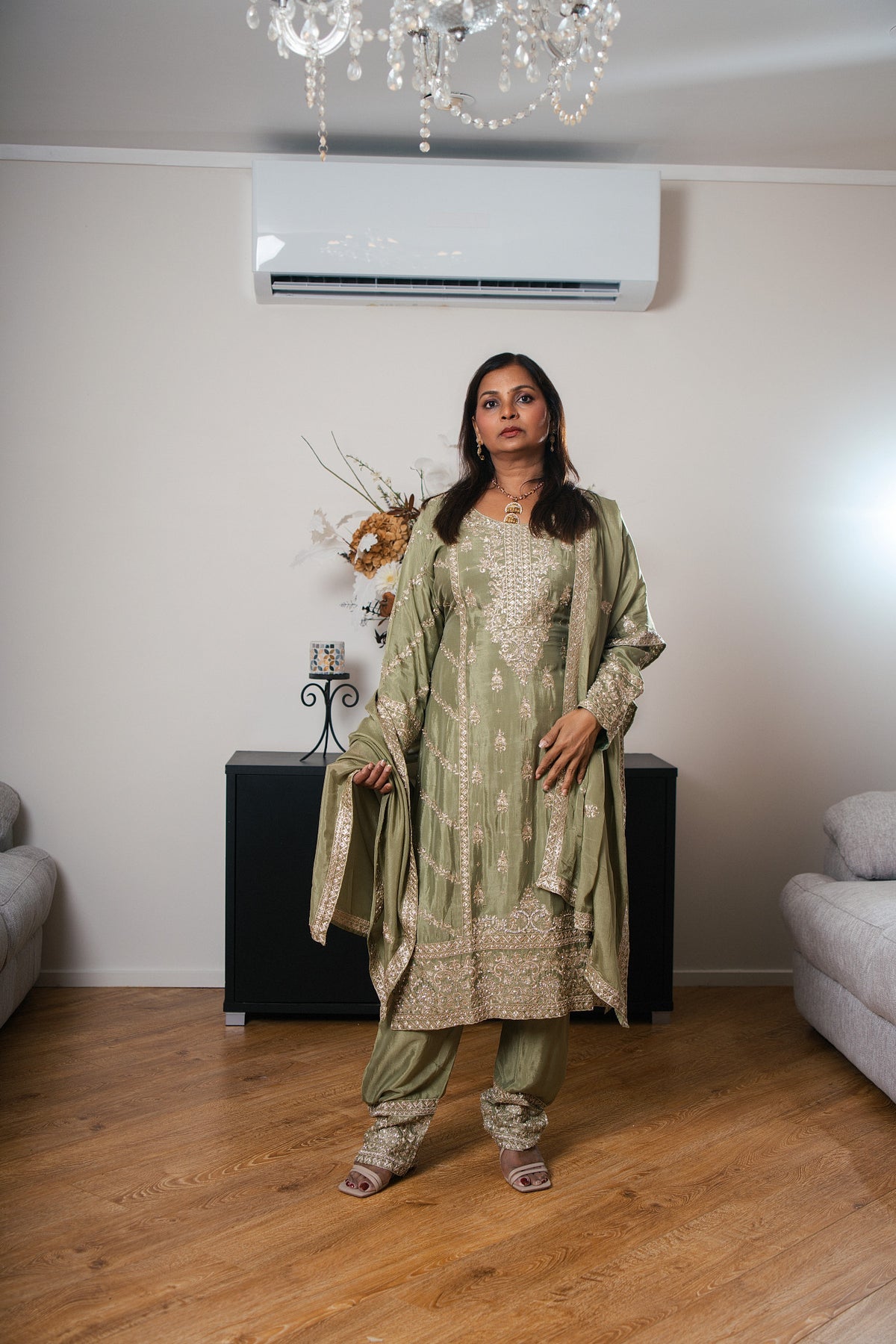 Crepe Suit with Hand-Embroidered Pants & Dupatta