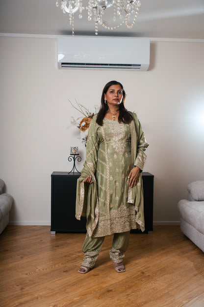 Crepe Suit with Hand-Embroidered Pants & Dupatta