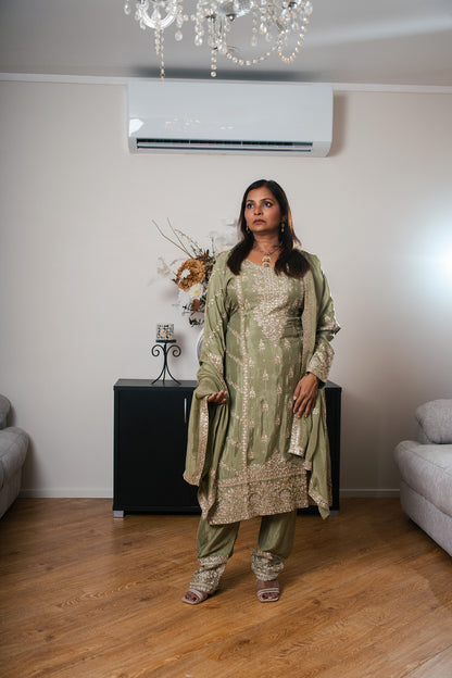 Crepe Suit with Hand-Embroidered Pants & Dupatta