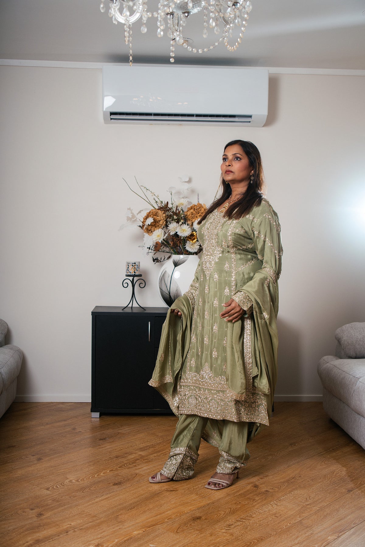 Crepe Suit with Hand-Embroidered Pants & Dupatta