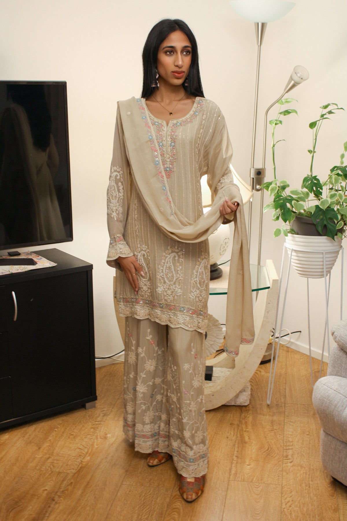 Champagne Chinon Suit with Pastel Thread Work & Palazzo