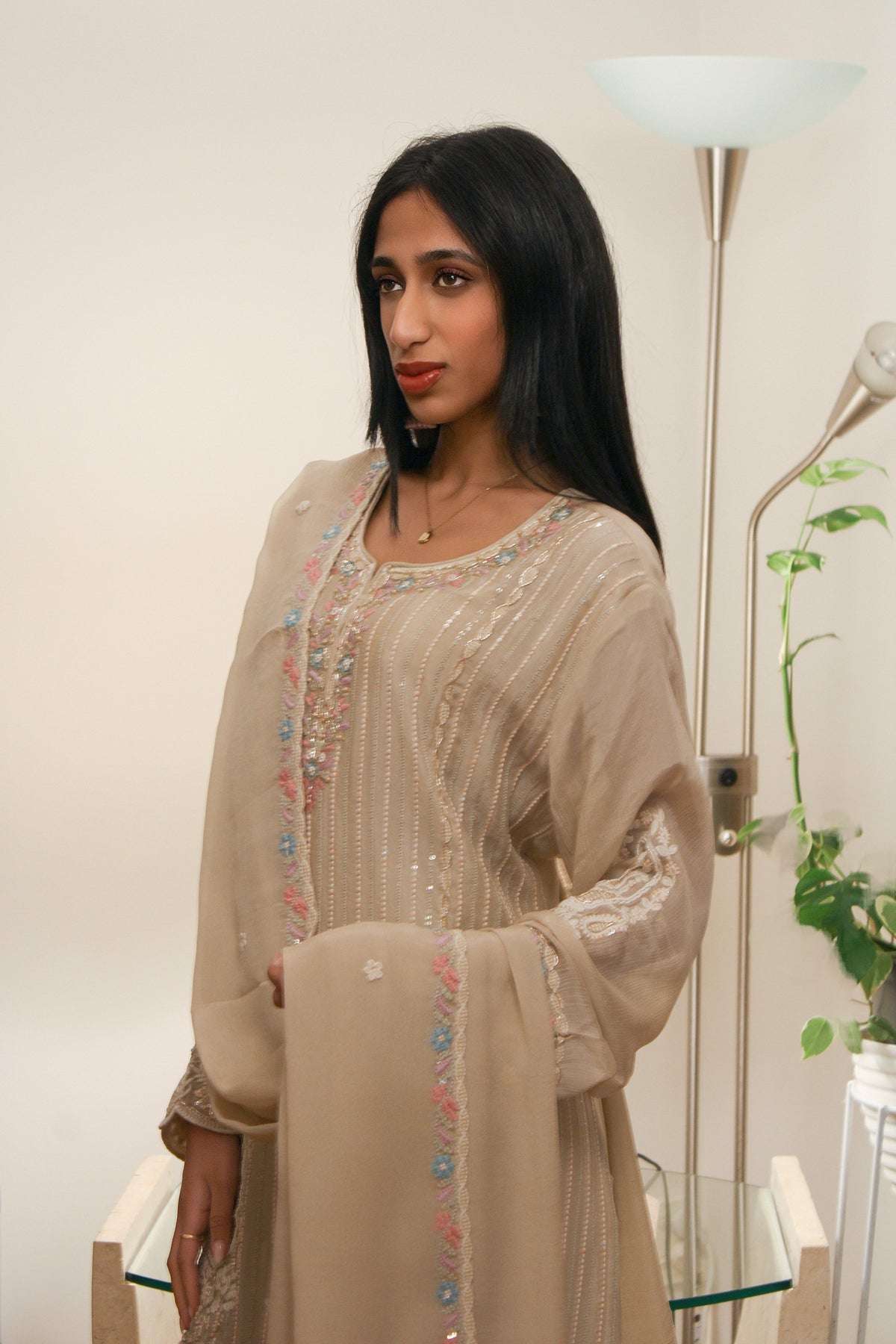 Champagne Chinon Suit with Pastel Thread Work & Palazzo