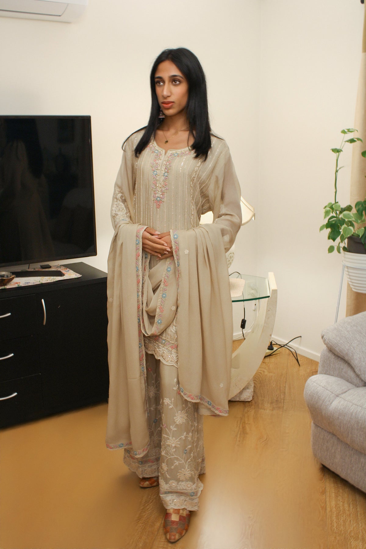 Champagne Chinon Suit with Pastel Thread Work & Palazzo