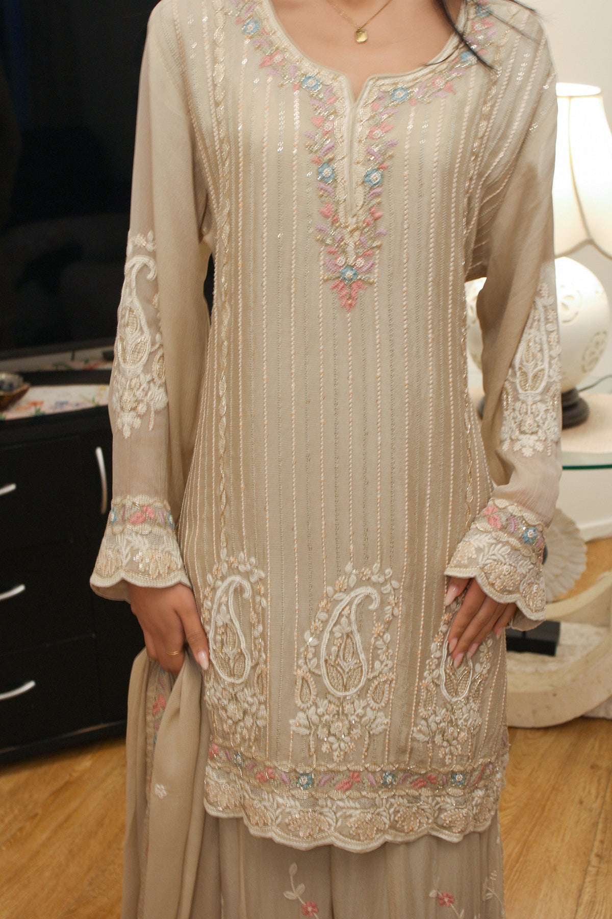 Champagne Chinon Suit with Pastel Thread Work & Palazzo