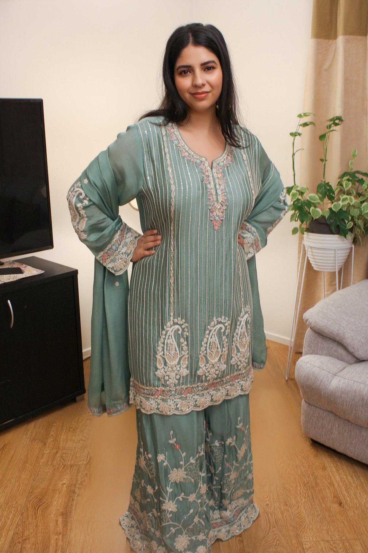 Sea-Green Sharara Set with Paisley Embroidery & Sequin Stripes