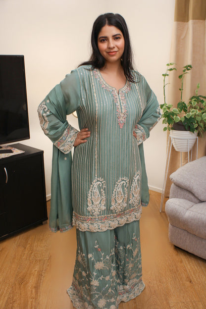 Sea-Green Sharara Set with Paisley Embroidery & Sequin Stripes