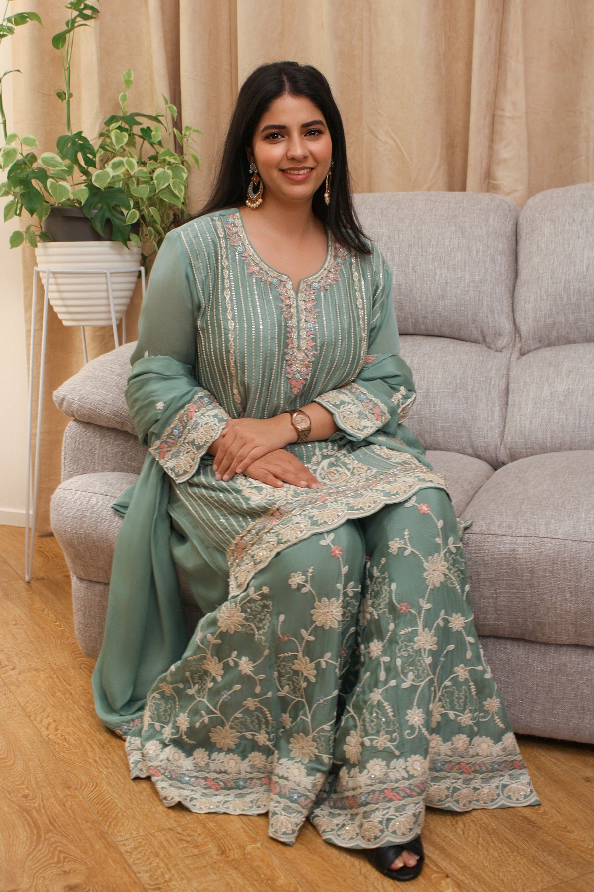 Sea-Green Sharara Set with Paisley Embroidery & Sequin Stripes