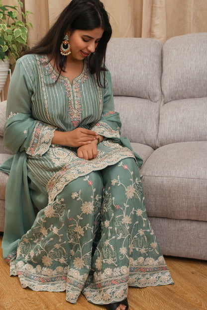 Sea-Green Sharara Set with Paisley Embroidery & Sequin Stripes