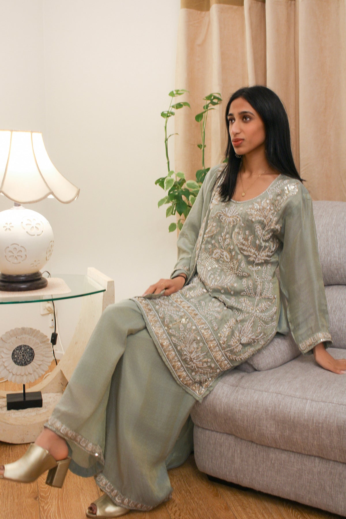 Sage Kurta Set with Pearl & Thread Embroidery