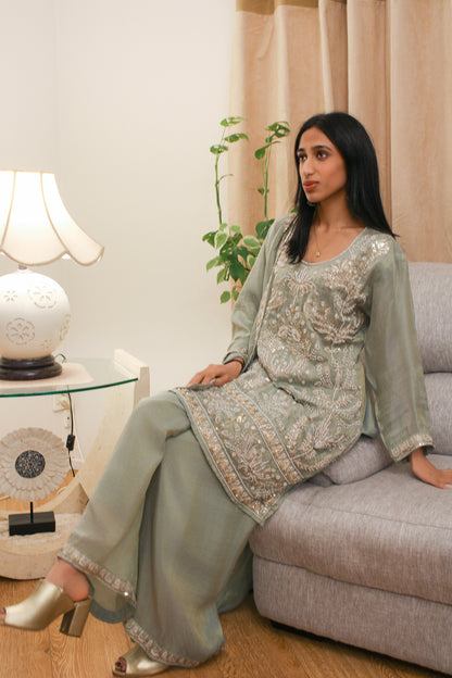 Sage Kurta Set with Pearl & Thread Embroidery