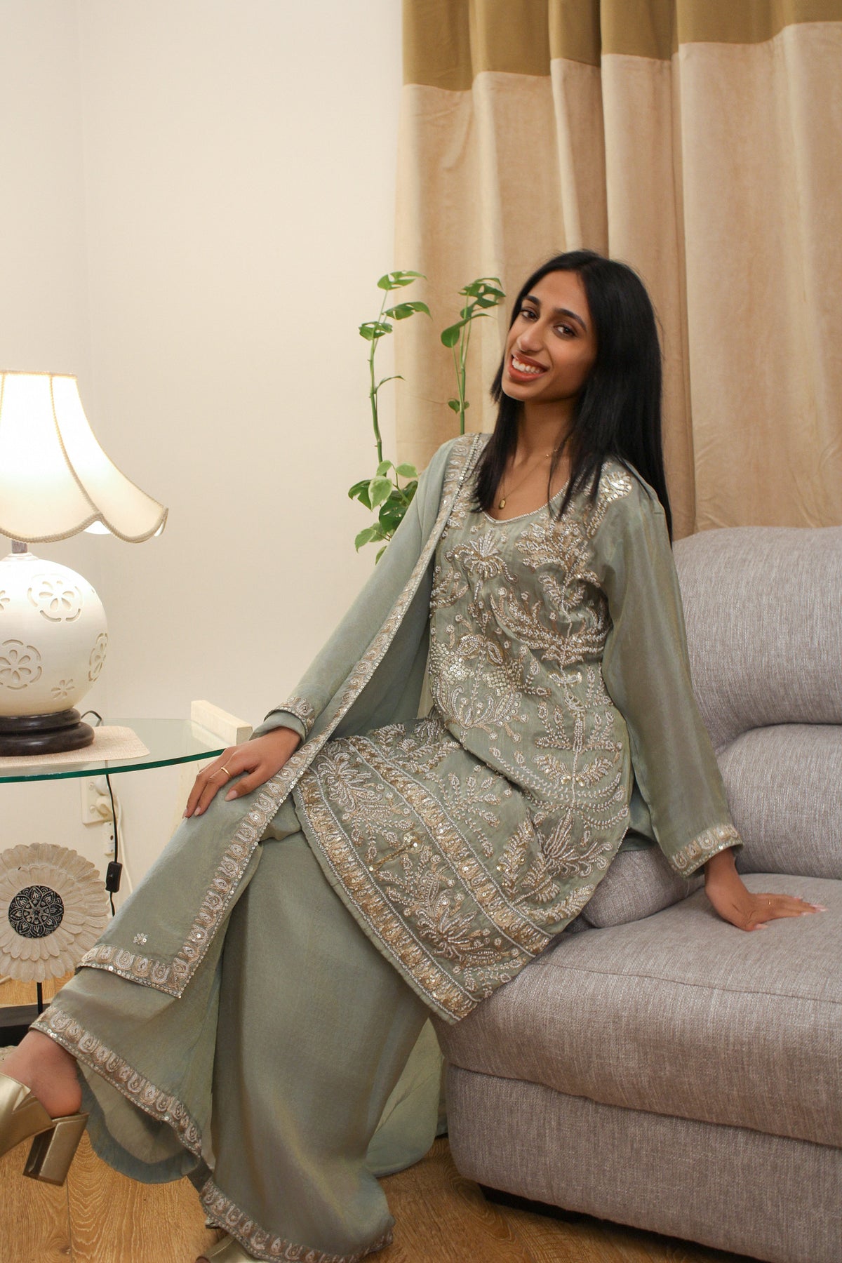 Sage Kurta Set with Pearl & Thread Embroidery