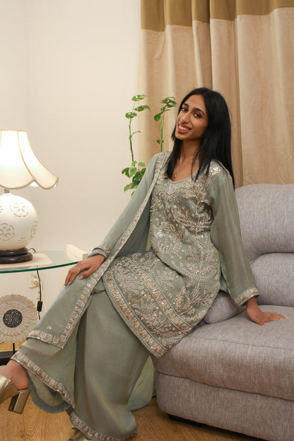 Sage Kurta Set with Pearl & Thread Embroidery